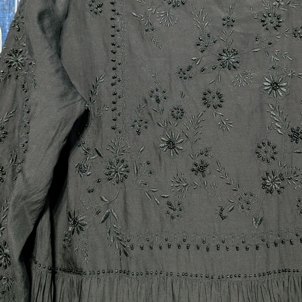 Zara Cotton Blend Embroidered Beaded Long Sleeve Maxi Dress Black Medium - Picture 5 of 12